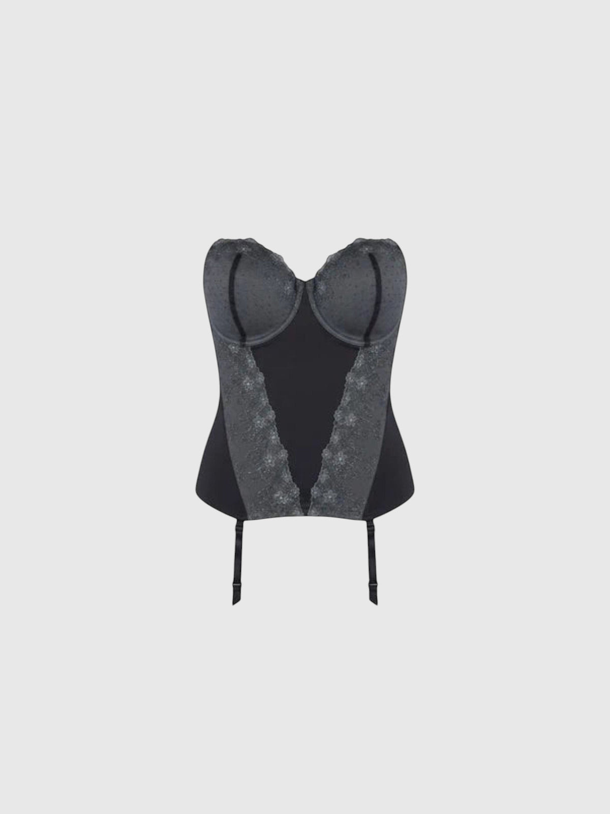 Clueless Paris Midnight Lace vintage black satin bustier with floral lace detailing and attached garter straps