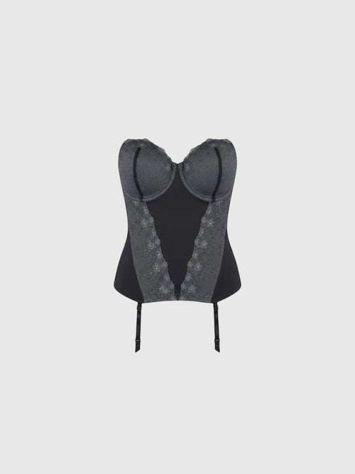 Clueless Paris Midnight Lace vintage black satin bustier with floral lace detailing and attached garter straps