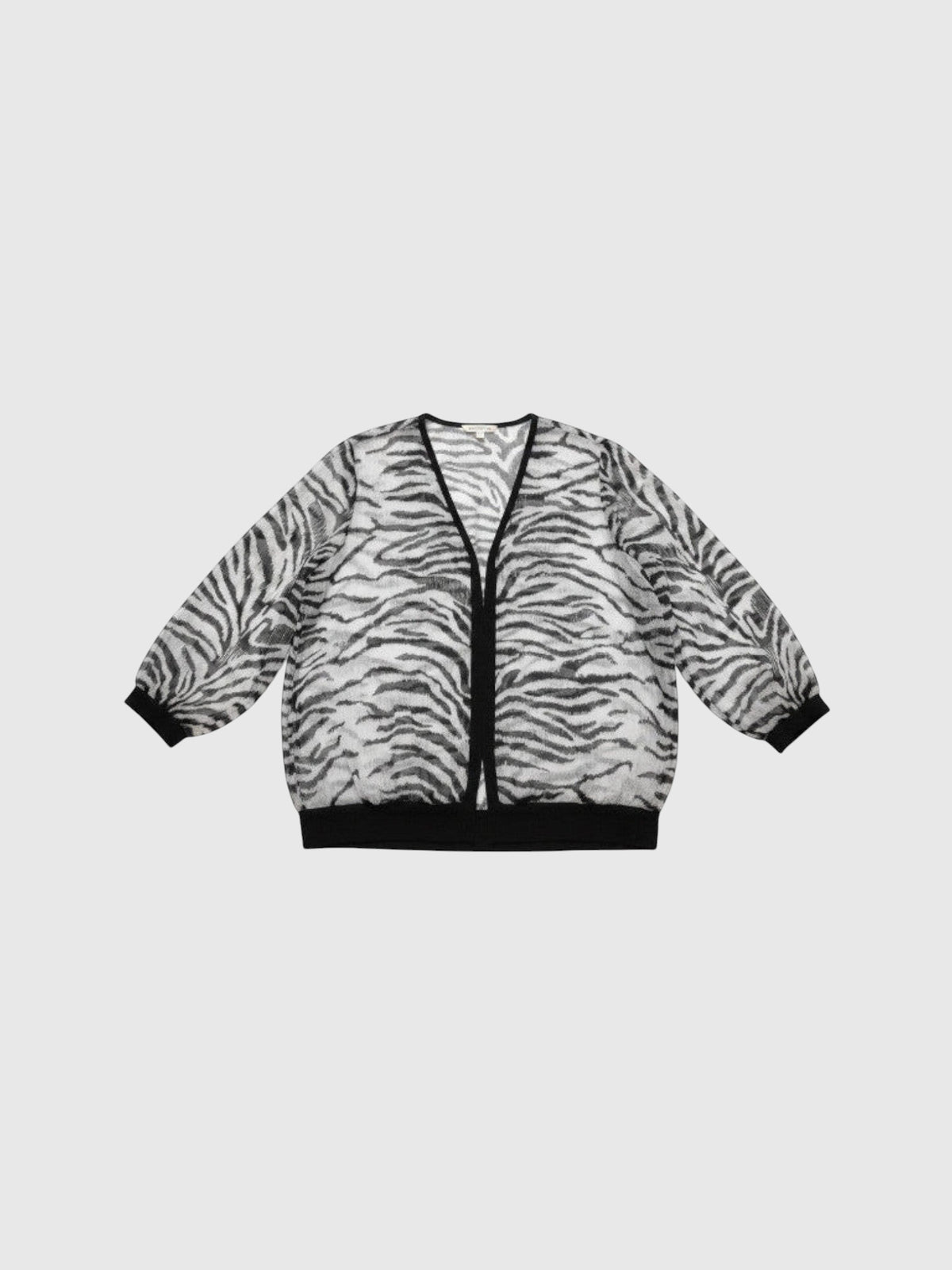 Clueless Paris lightweight sheer cardigan with black and white zebra print, three-quarter sleeves, and ribbed trim.