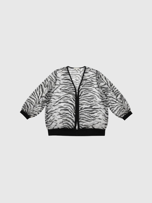 Clueless Paris lightweight sheer cardigan with black and white zebra print, three-quarter sleeves, and ribbed trim.