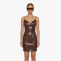 Robe courte moulante à bretelles fines avec imprimé peau de serpent python marron au fini brillant