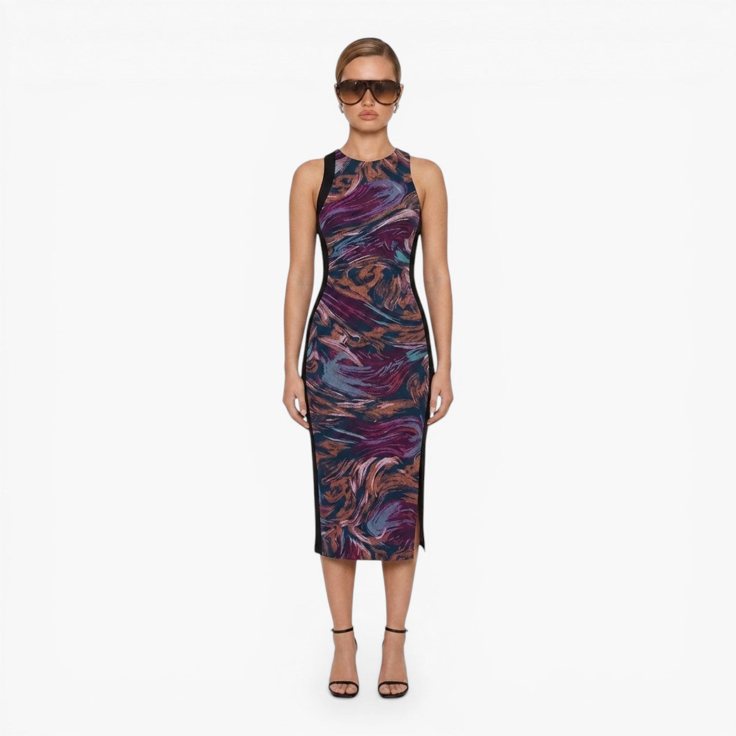 Robe midi moulante sans manches avec imprimé abstrait coloré et bandes noires amincissantes sur les côtés