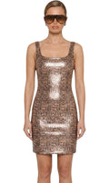 Robe courte moulante à bretelles larges avec imprimé peau de serpent python marron au fini métallisé