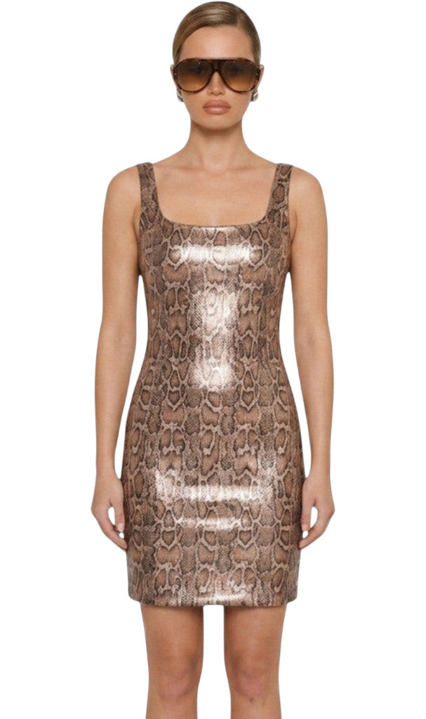 Robe courte moulante à bretelles larges avec imprimé peau de serpent python marron au fini métallisé