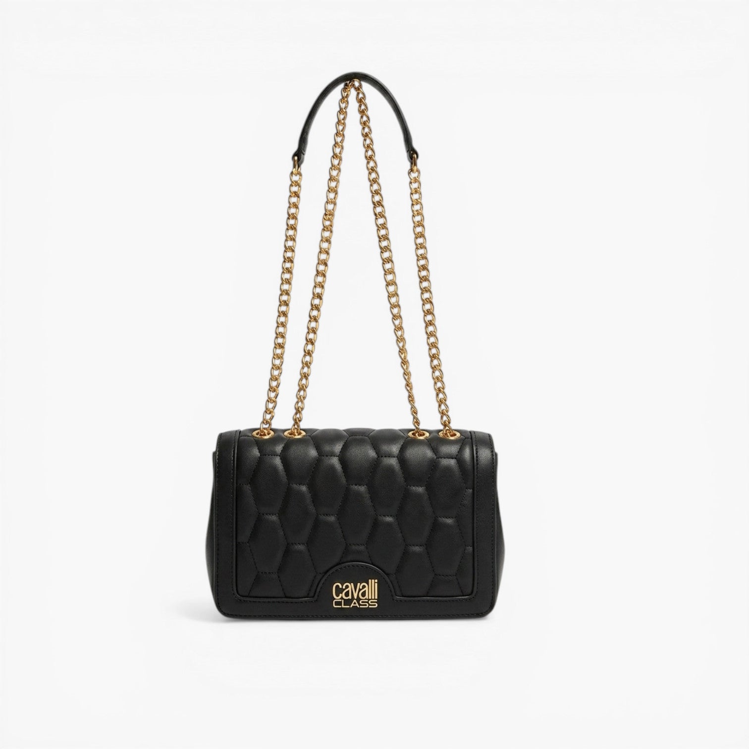 Sac à main matelassé noir avec motif hexagonal et bandoulière en chaîne dorée
