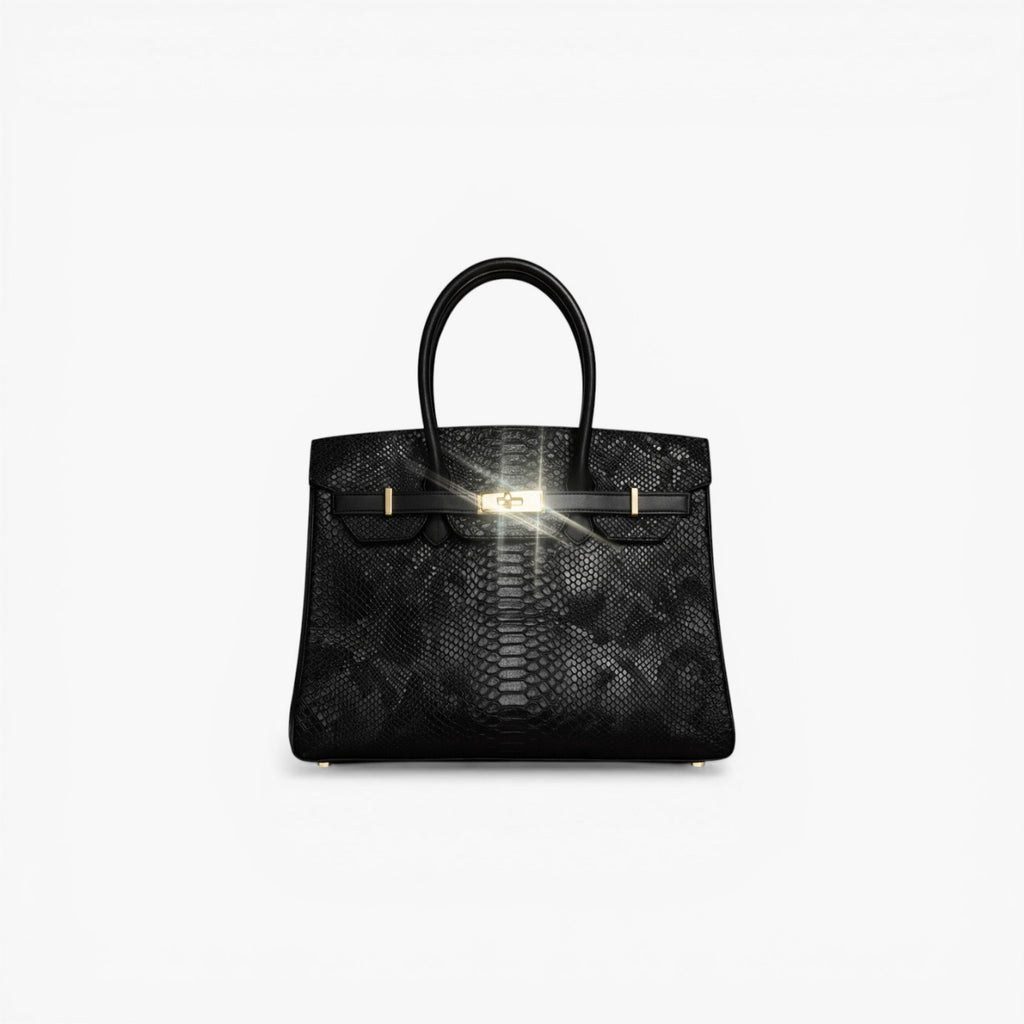 Sac de luxe "The Dionne" noir effet serpent python avec détails dorés et poignées rigides - Clueless Paris