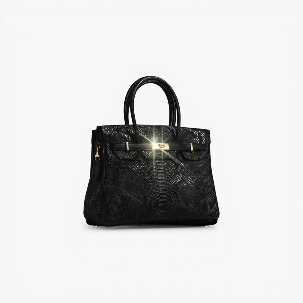 Sac de luxe "The Dionne" noir effet serpent python avec détails dorés et poignées rigides - Clueless Paris
